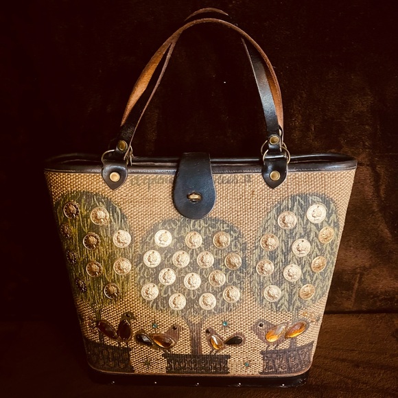 Vintage RARE Enid Collins Canvas & Leather Money Tree Bag - Picture 3 of 5